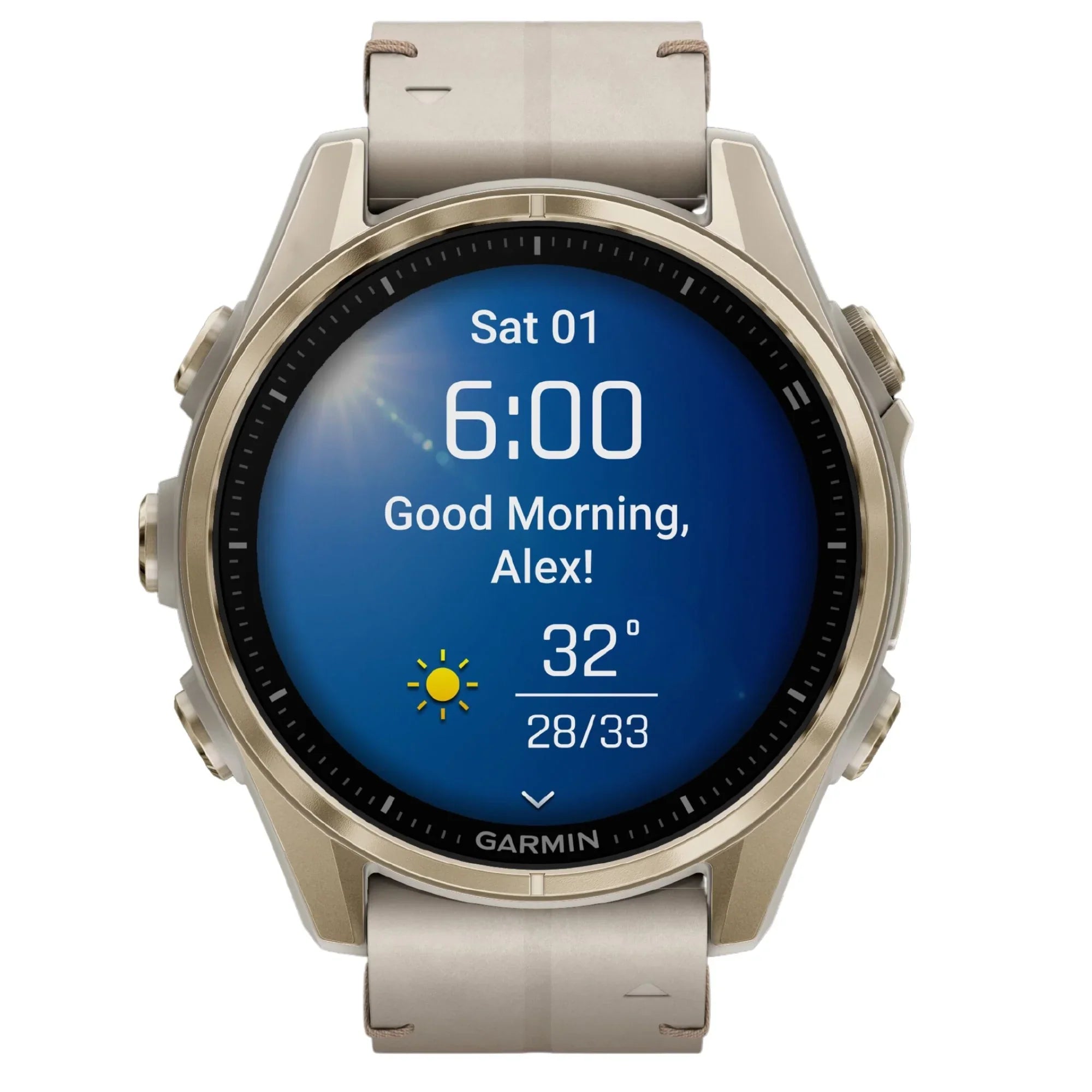 Reloj Garmin Fenix 8 AMOLED de titanio y zafiro en dorado suave con correa de piel beige y silicona gris ceniza, 43 mm