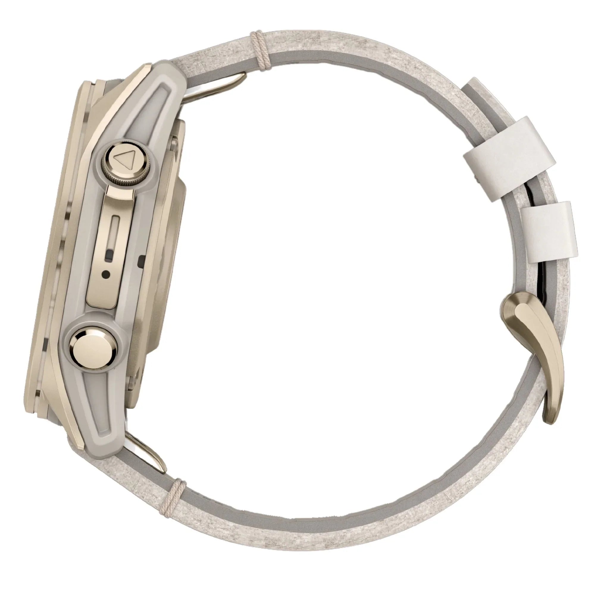 Reloj Garmin Fenix 8 AMOLED de titanio y zafiro en dorado suave con correa de piel beige y silicona gris ceniza, 43 mm