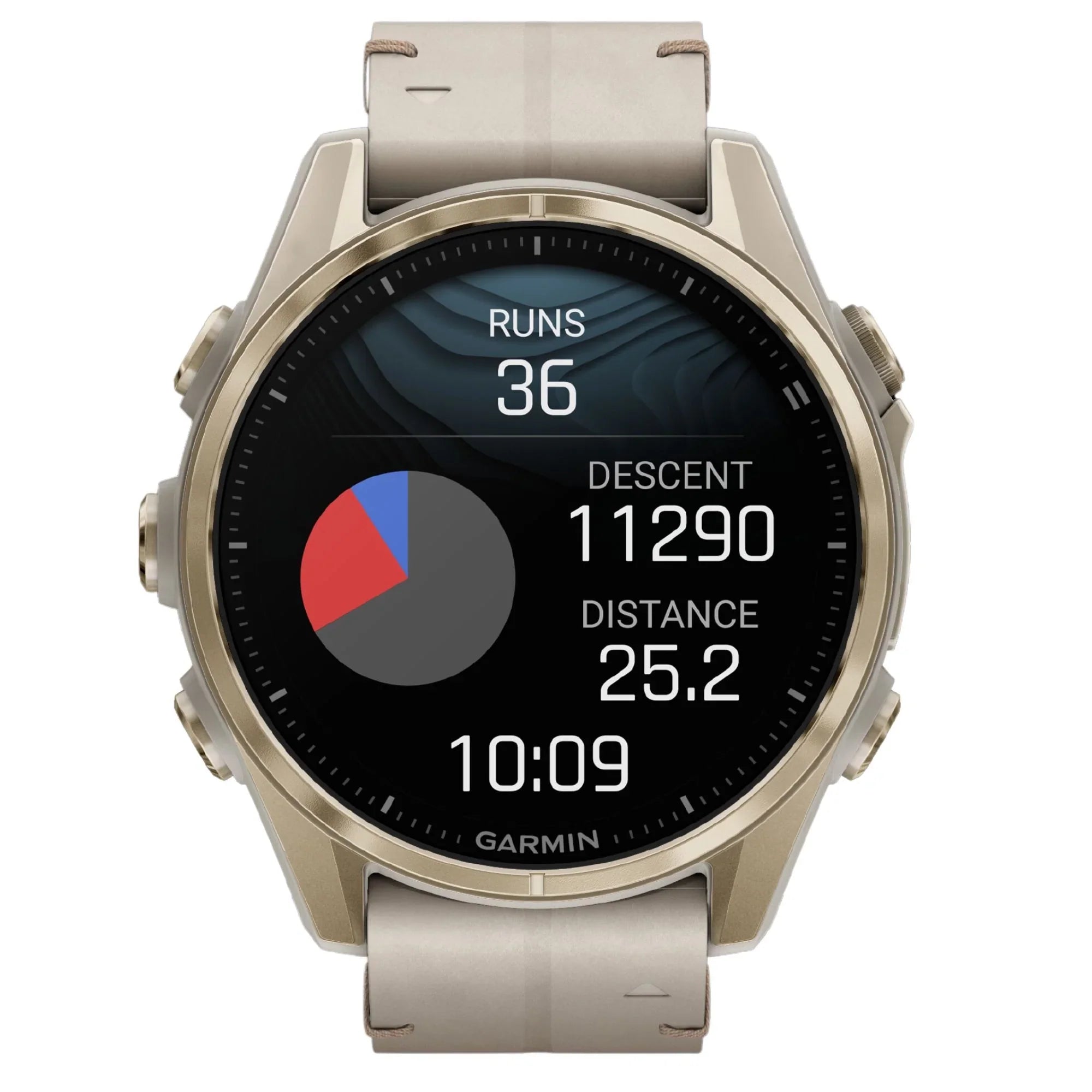 Reloj Garmin Fenix 8 AMOLED de titanio y zafiro en dorado suave con correa de piel beige y silicona gris ceniza, 43 mm