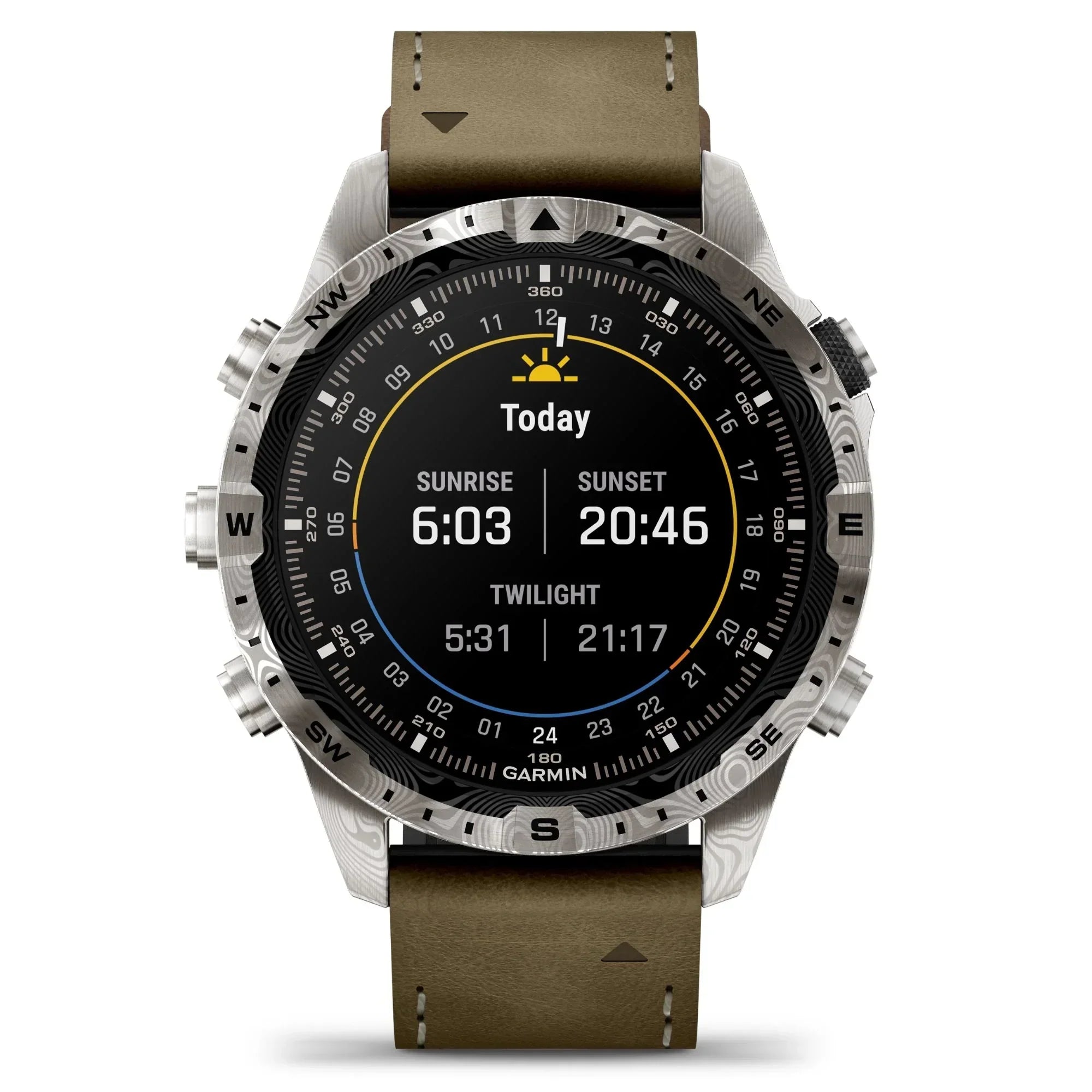 Reloj Garmin Marq Gen 2 Adventurer Damascus Steel Edition con correa de piel marrón y silicona negra de 46 mm