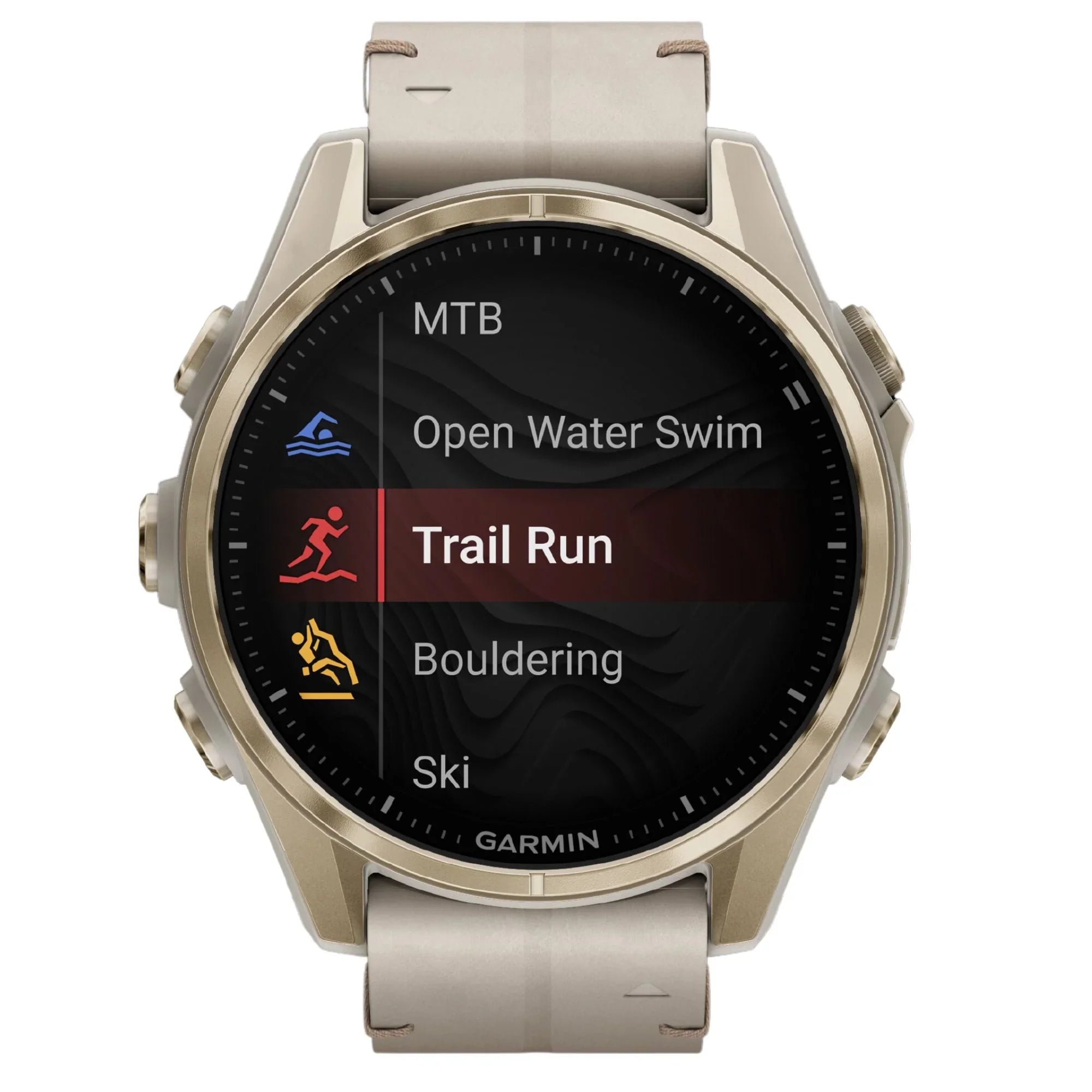 Reloj Garmin Fenix 8 AMOLED de titanio y zafiro en dorado suave con correa de piel beige y silicona gris ceniza, 43 mm
