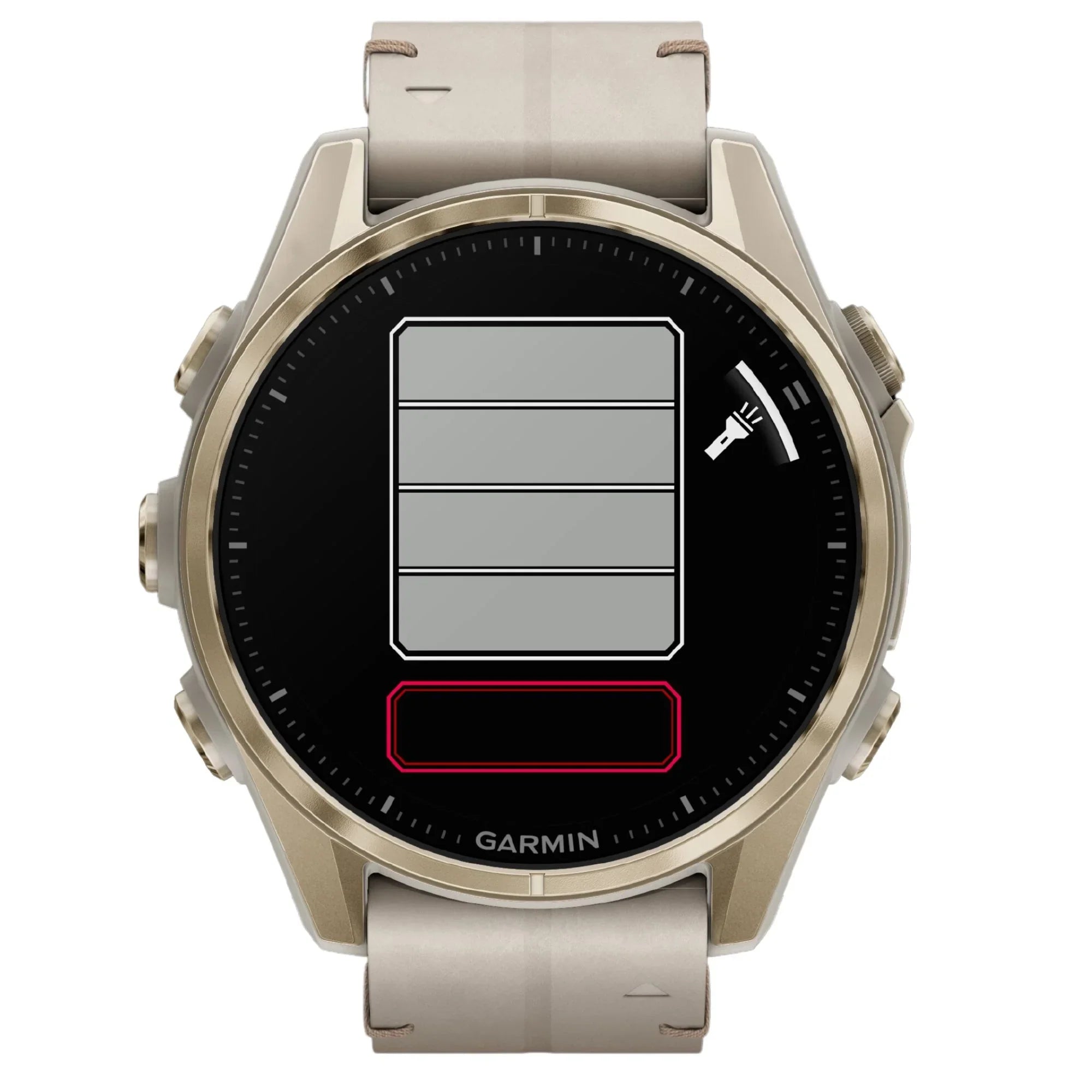 Reloj Garmin Fenix 8 AMOLED de titanio y zafiro en dorado suave con correa de piel beige y silicona gris ceniza, 43 mm