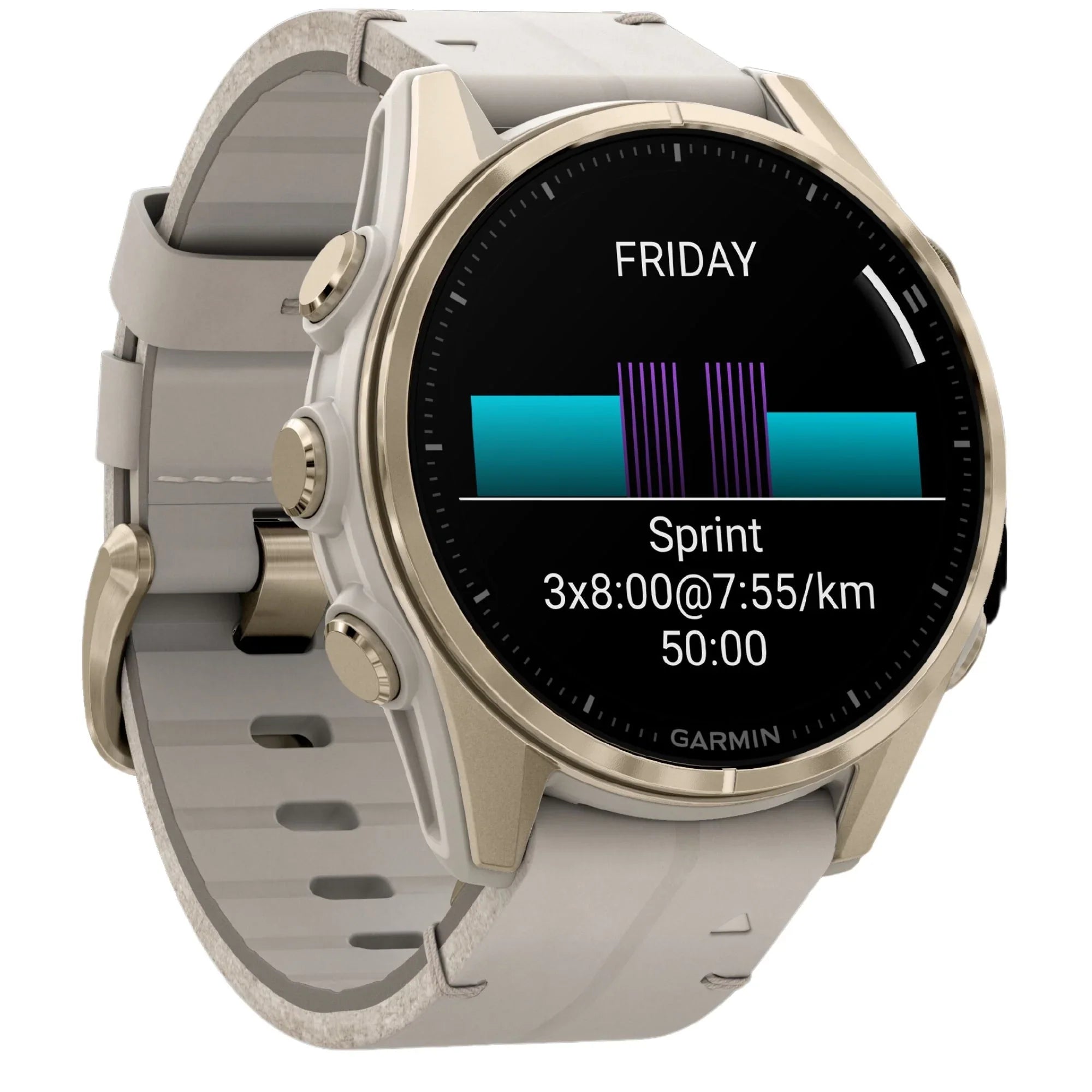 Reloj Garmin Fenix 8 AMOLED de titanio y zafiro en dorado suave con correa de piel beige y silicona gris ceniza, 43 mm
