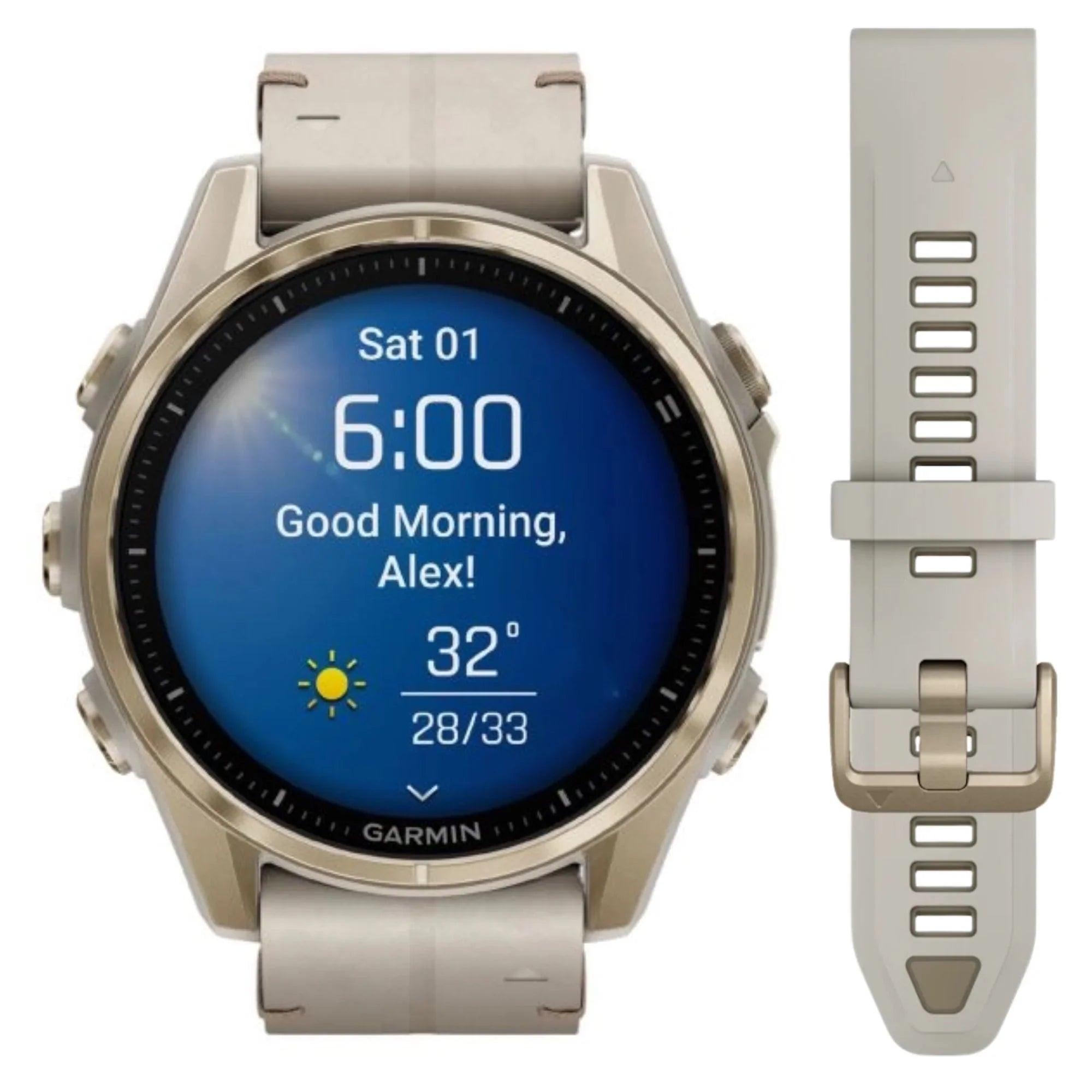Reloj Garmin Fenix 8 AMOLED de titanio y zafiro en dorado suave con correa de piel beige y silicona gris ceniza, 43 mm