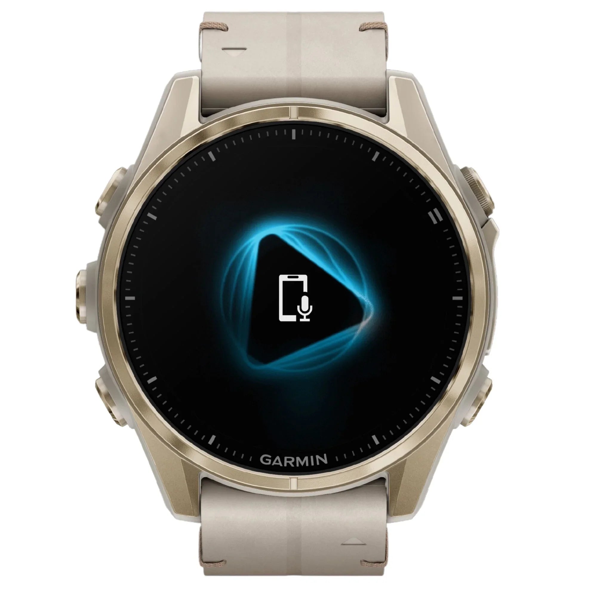 Reloj Garmin Fenix 8 AMOLED de titanio y zafiro en dorado suave con correa de piel beige y silicona gris ceniza, 43 mm
