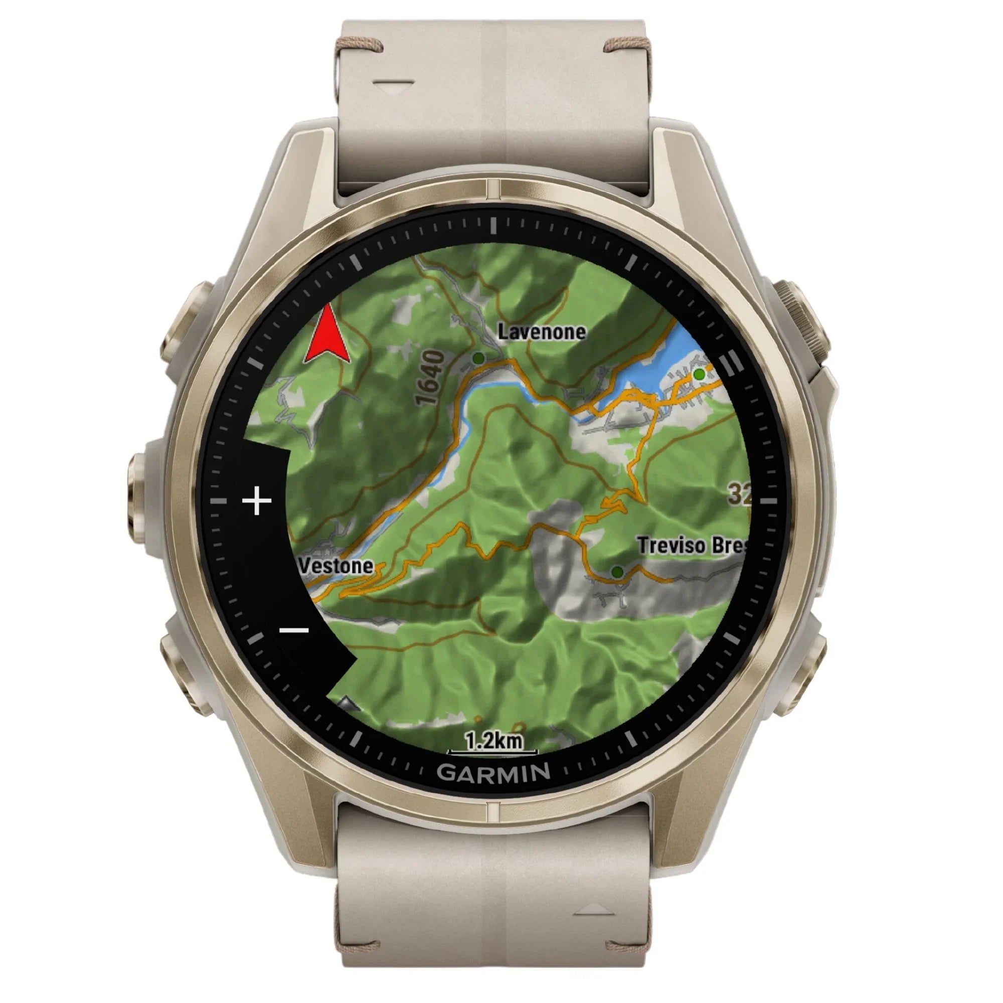 Reloj Garmin Fenix 8 AMOLED de titanio y zafiro en dorado suave con correa de piel beige y silicona gris ceniza, 43 mm