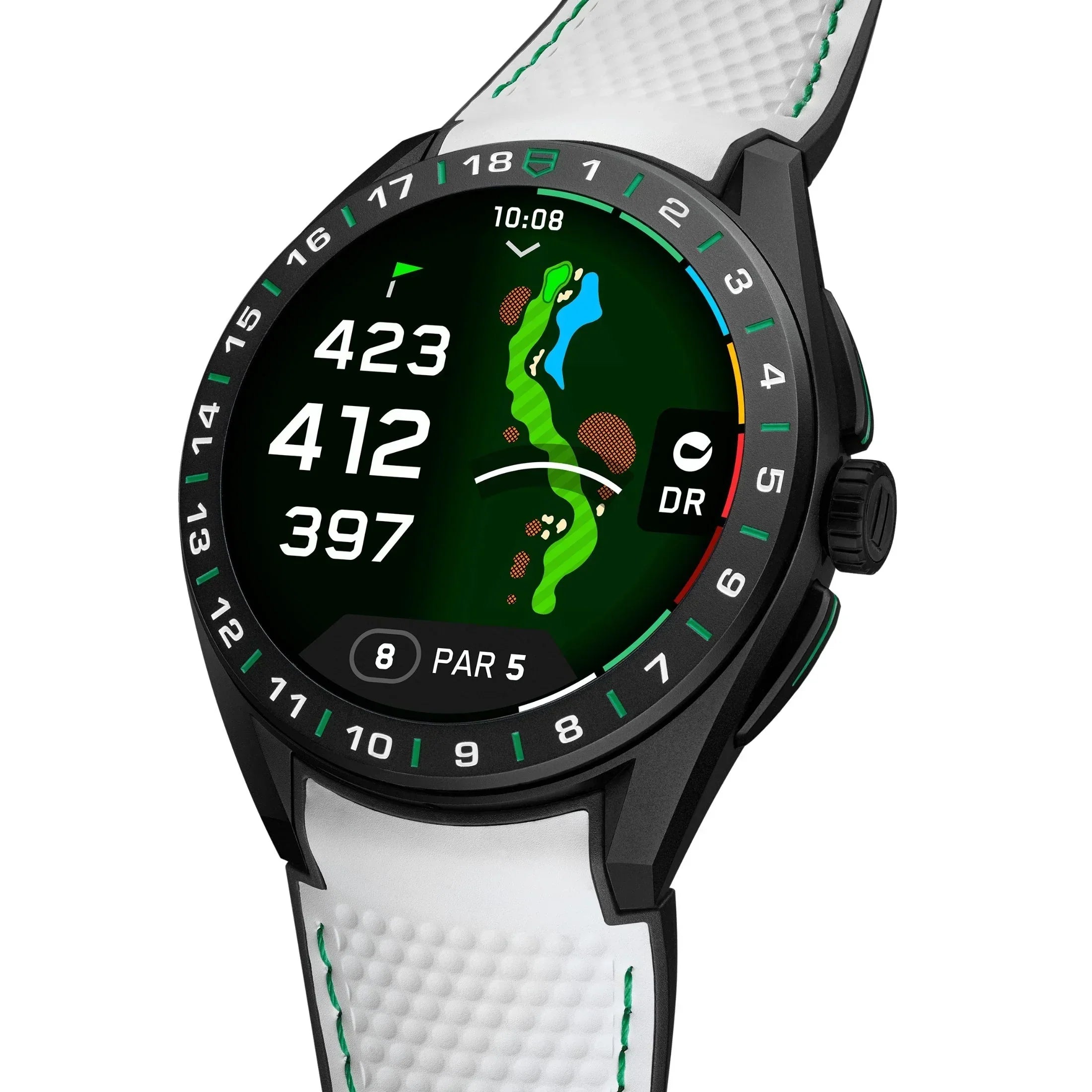 Reloj TAG Heuer Connected Calibre E5 Golf Edition – 45 mm – Titanio DLC – Correa de caucho blanca