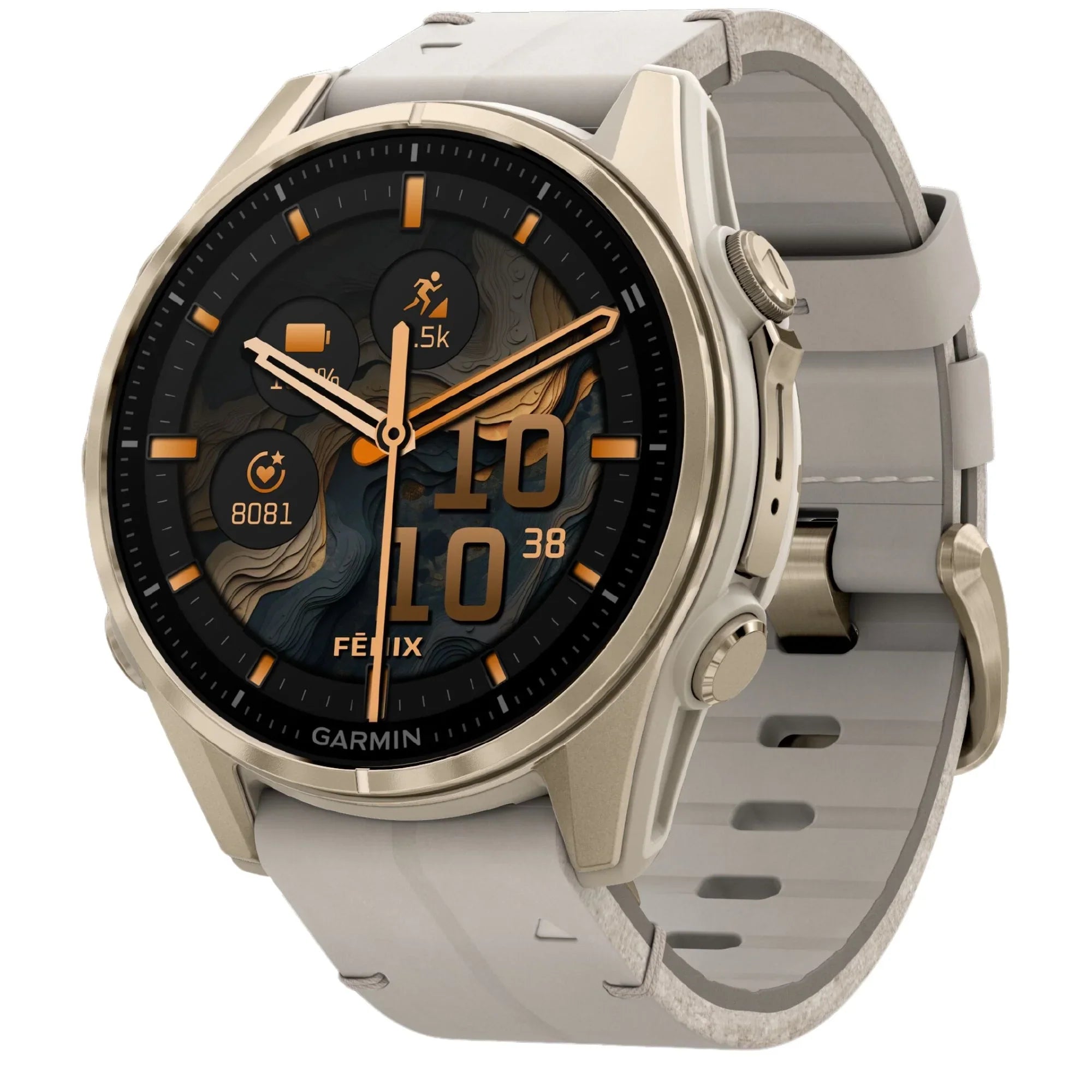 Reloj Garmin Fenix 8 AMOLED de titanio y zafiro en dorado suave con correa de piel beige y silicona gris ceniza, 43 mm