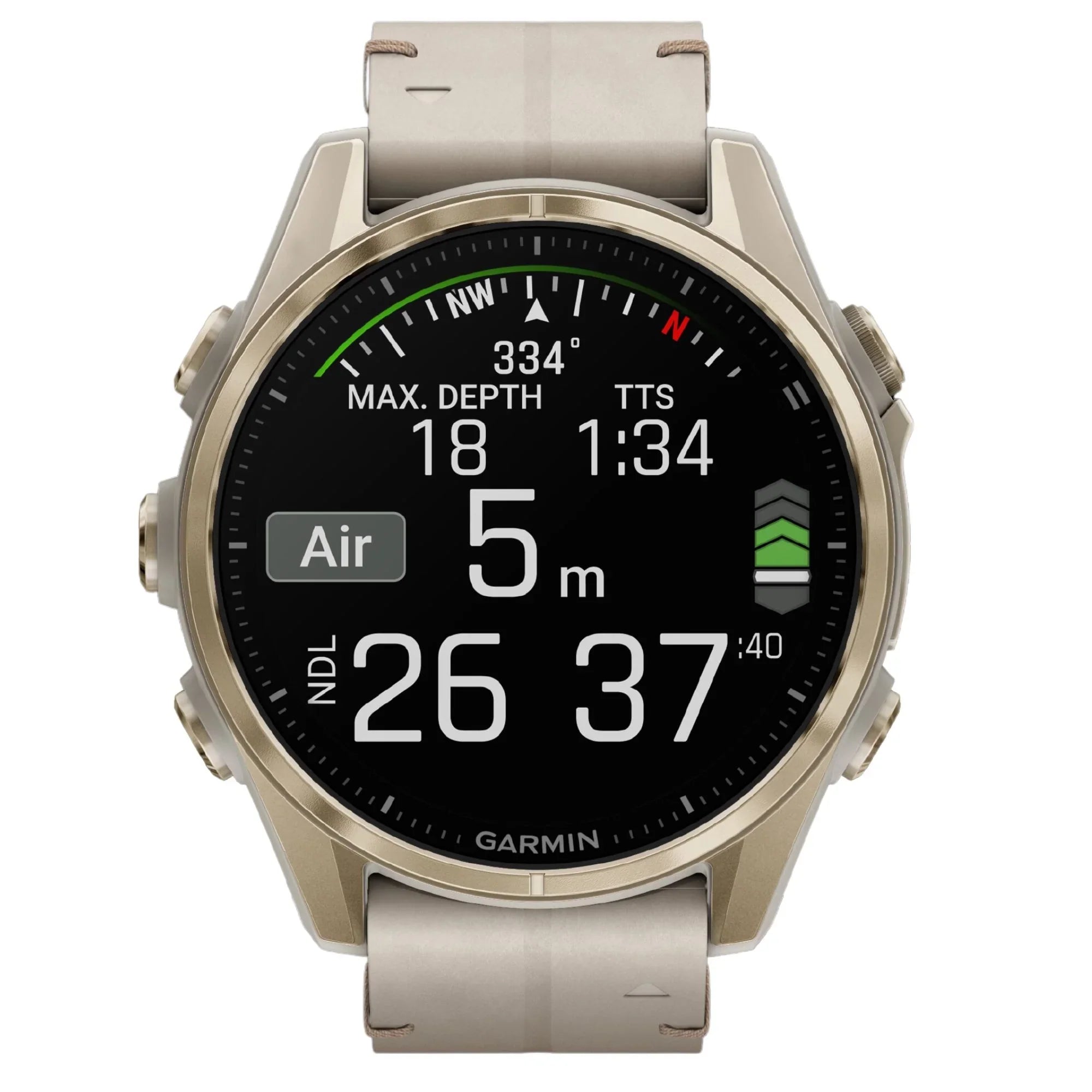 Reloj Garmin Fenix 8 AMOLED de titanio y zafiro en dorado suave con correa de piel beige y silicona gris ceniza, 43 mm